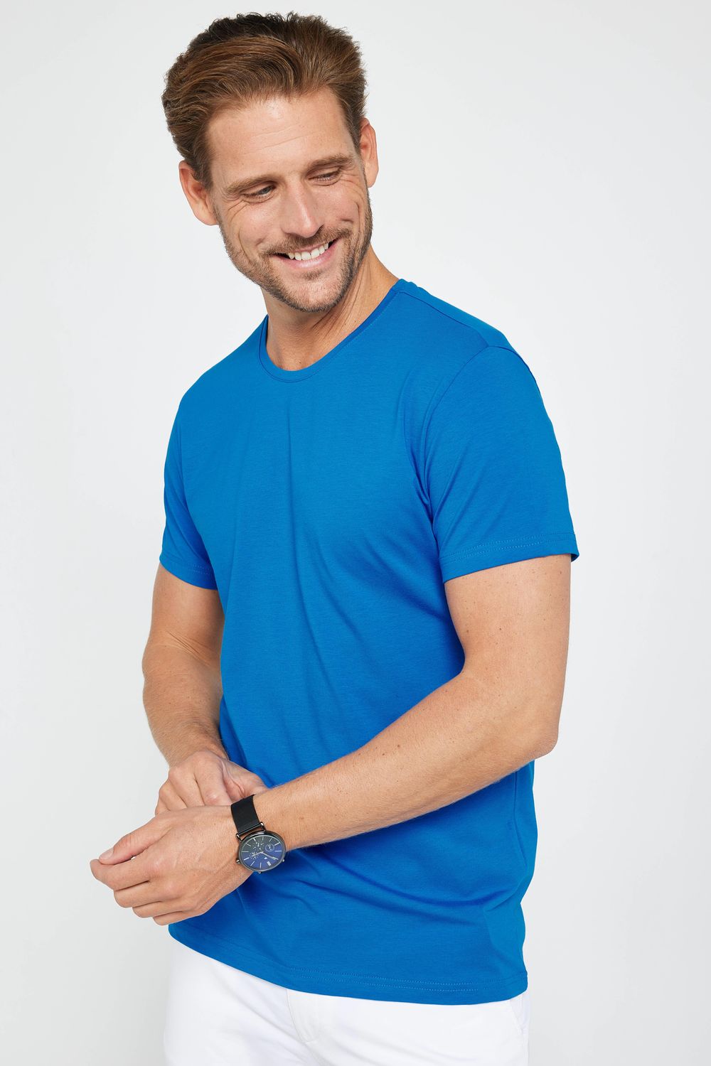 Erkek Slim Fit Dar Kesim Pamuklu Yumuşak Dokulu Esnek Kumaş Düz Basic Turkuaz Bisiklet Yaka Tişört