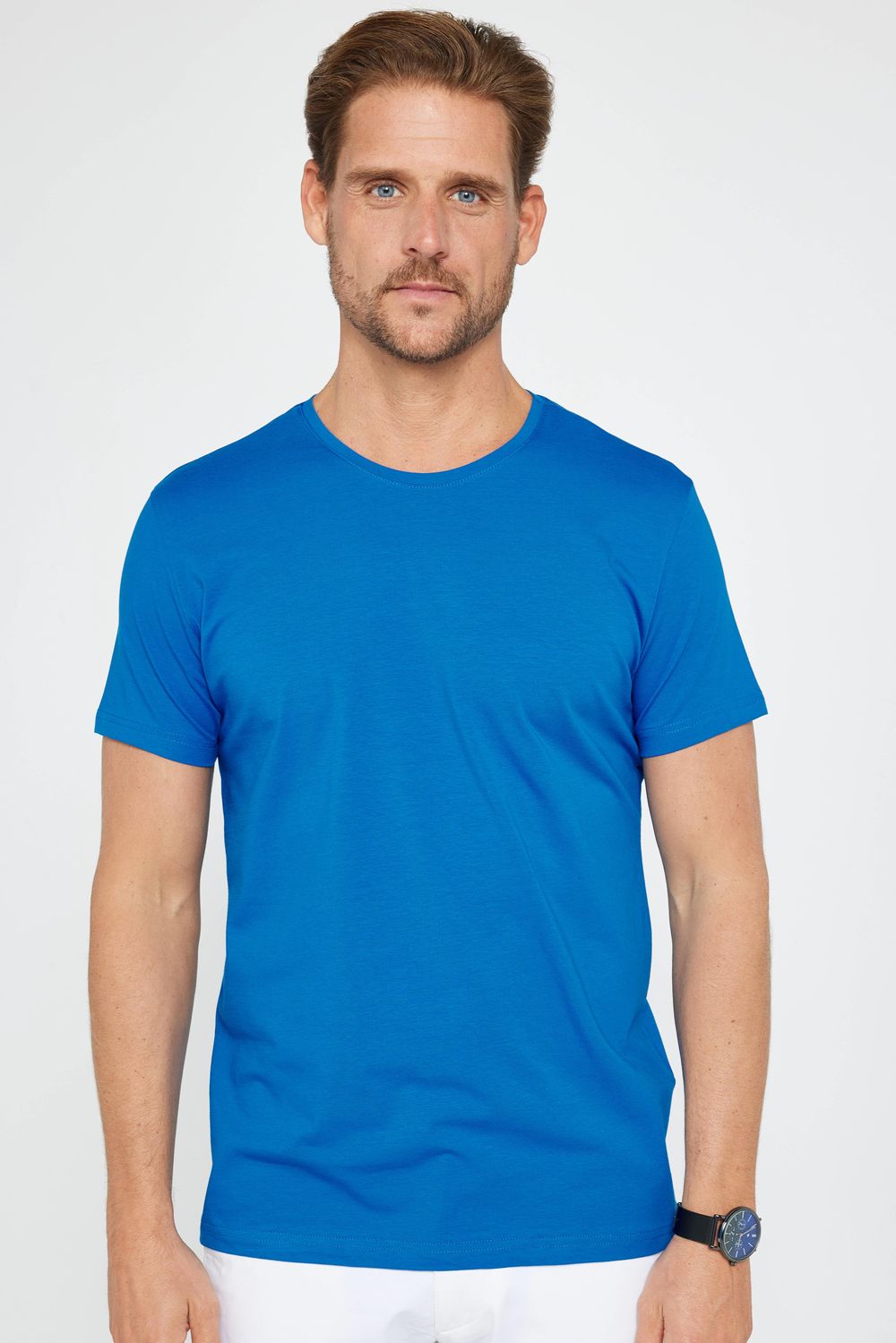 Erkek Slim Fit Dar Kesim Pamuklu Yumuşak Dokulu Esnek Kumaş Düz Basic Turkuaz Bisiklet Yaka Tişört