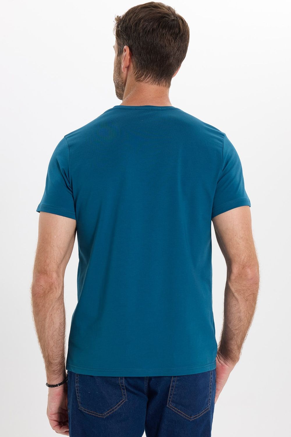 Erkek Slim Fit Dar Kesim Pamuklu Yumuşak Doku Esnek Kumaş Basic Petrol Mavisi Bisiklet Yaka Tişört