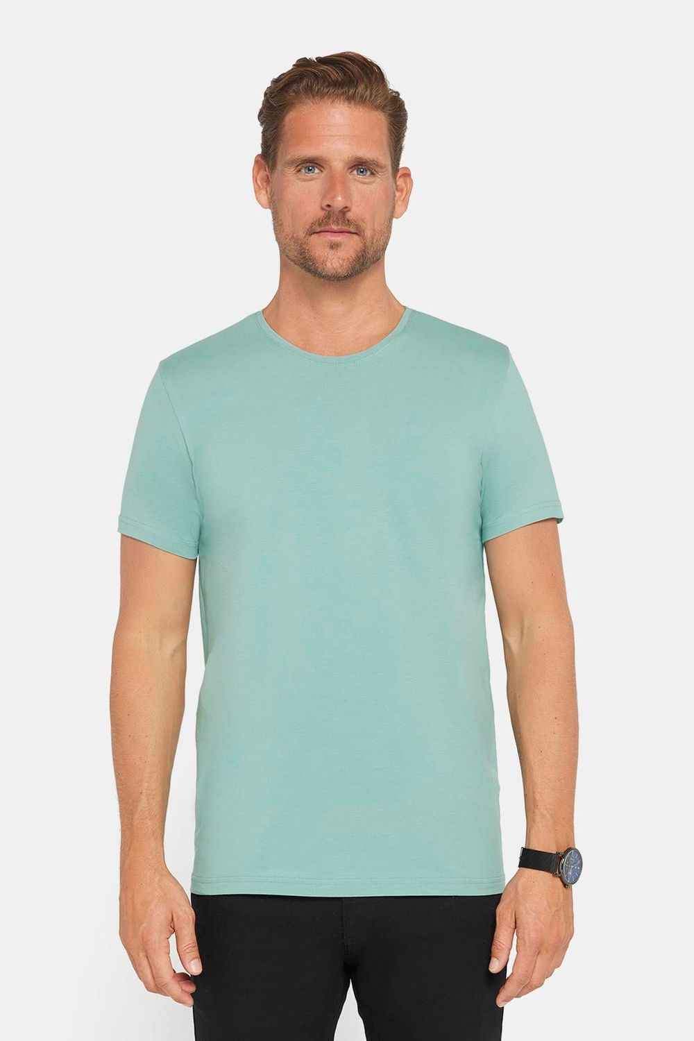 Erkek Slim Fit Dar Kesim Pamuklu Yumuşak Dokulu Esnek Kumaş Düz Basic Yeşil Bisiklet Yaka Tişört
