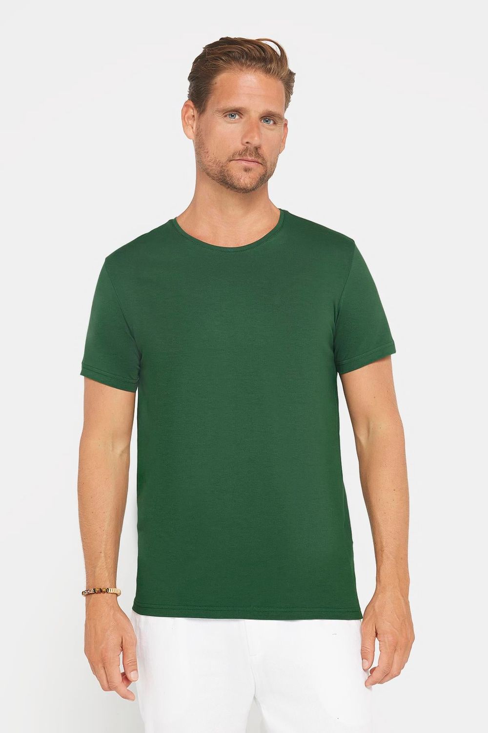 Erkek Slim Fit Dar Kesim Pamuklu Yumuşak Dokulu Esnek Kumaş Düz Basic Yeşil Bisiklet Yaka Tişört