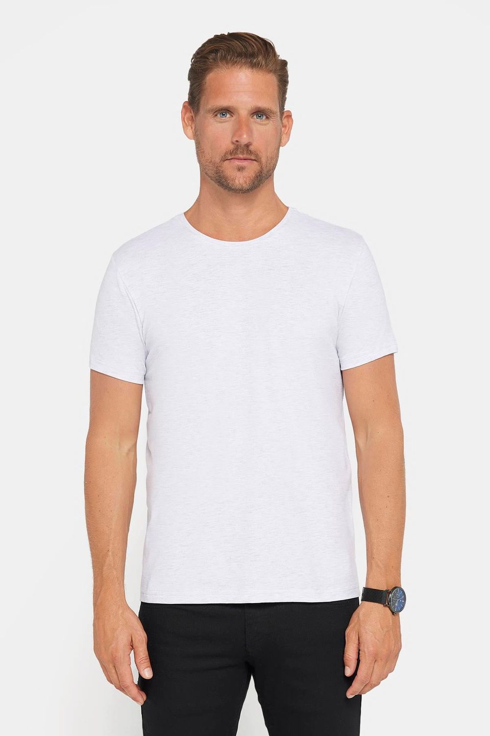 Erkek Slim Fit Dar Kesim Pamuklu Yumuşak Dokulu Esnek Kumaş Düz Basic Gri Bisiklet Yaka Tişört