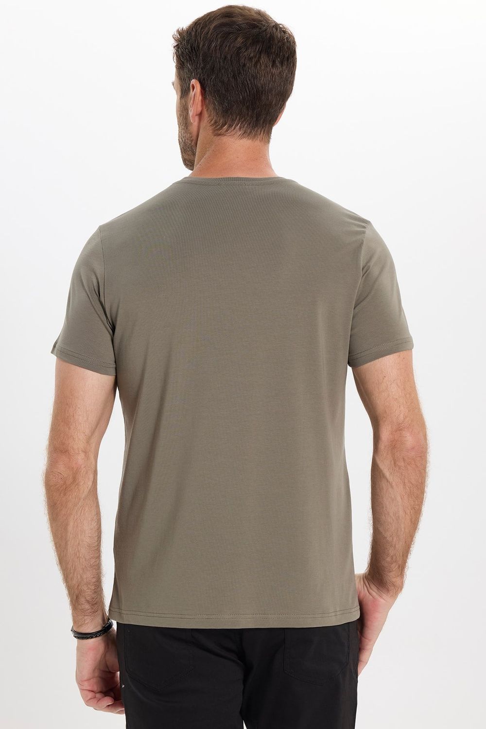 Erkek Slim Fit Dar Kesim Pamuklu Yumuşak Doku Esnek Kumaş Basic Bisiklet Yaka Haki Tişört