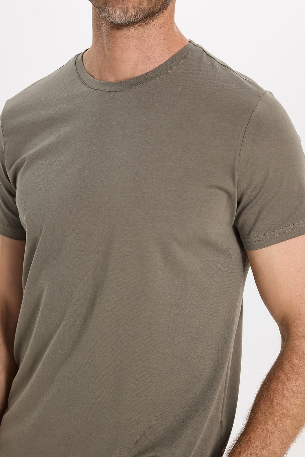 Erkek Slim Fit Dar Kesim Pamuklu Yumuşak Doku Esnek Kumaş Basic Bisiklet Yaka Haki Tişört