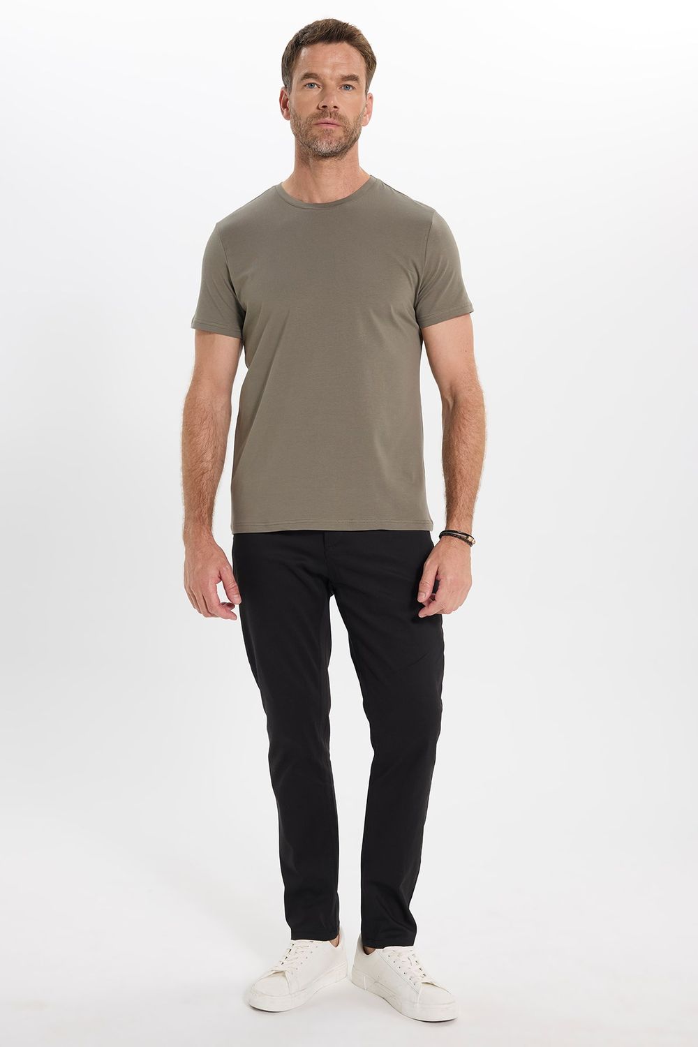 Erkek Slim Fit Dar Kesim Pamuklu Yumuşak Doku Esnek Kumaş Basic Bisiklet Yaka Haki Tişört