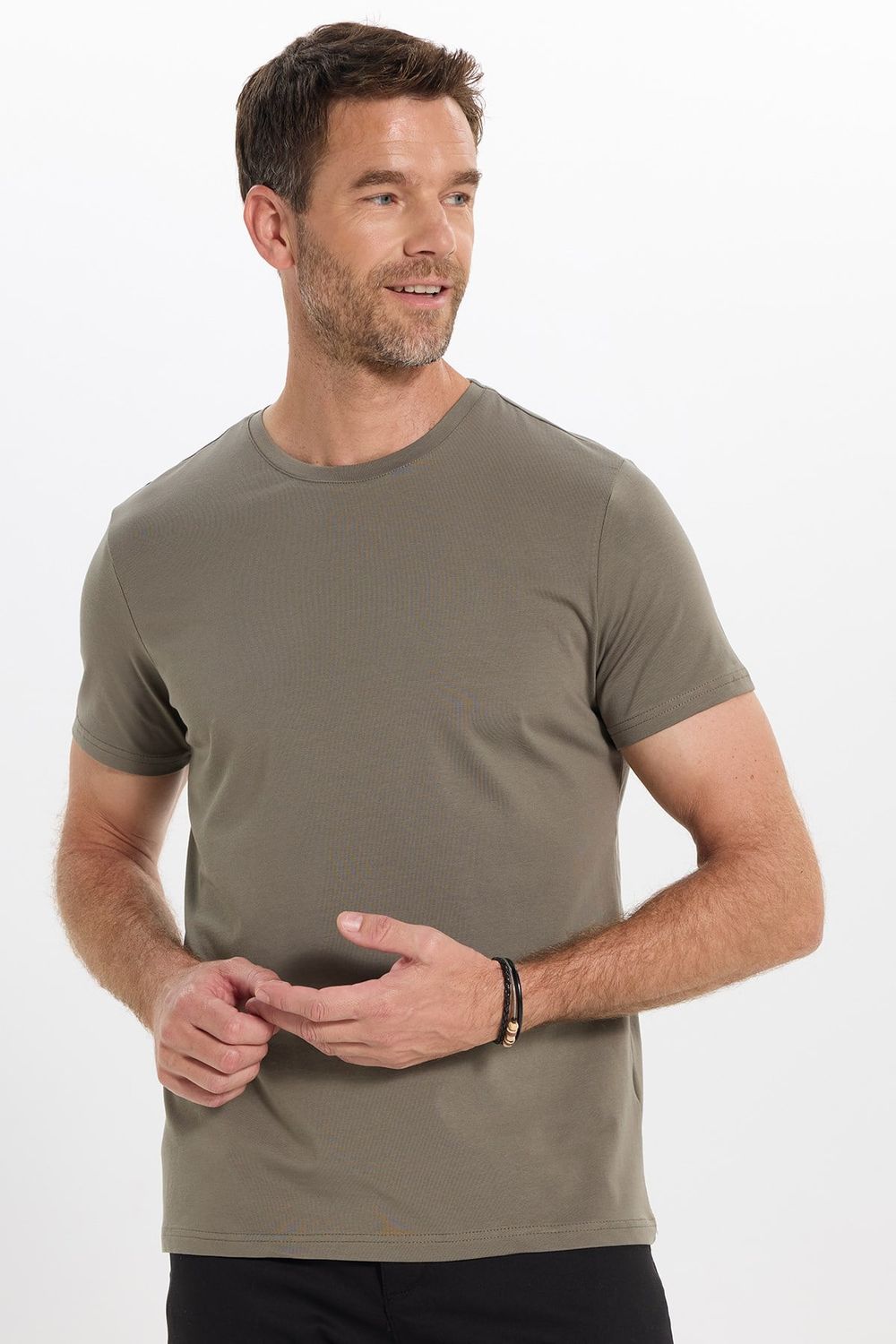 Erkek Slim Fit Dar Kesim Pamuklu Yumuşak Doku Esnek Kumaş Basic Bisiklet Yaka Haki Tişört