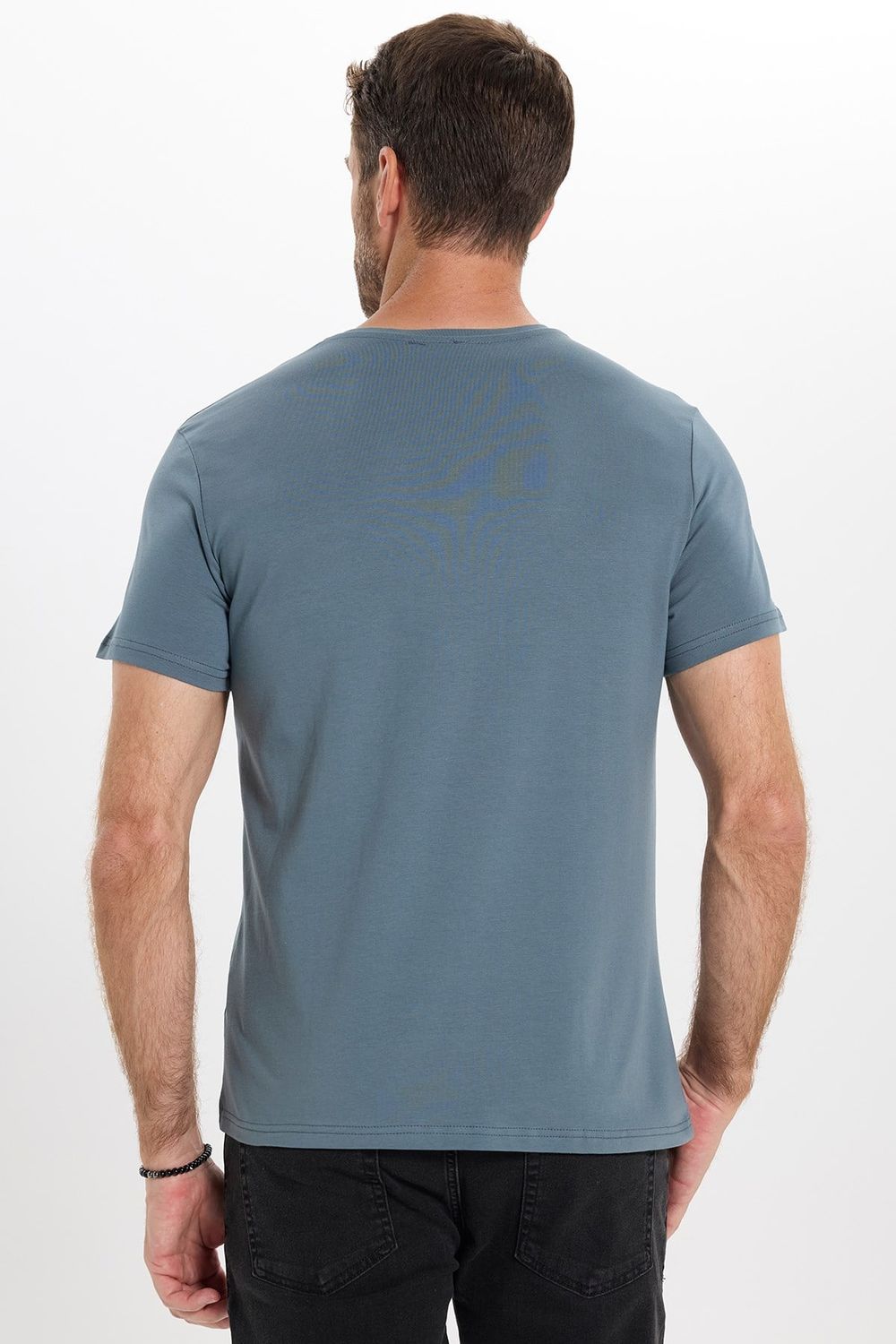 Erkek Slim Fit Dar Kesim Pamuklu Yumuşak Doku Esnek Kumaş Basic Açık Petrol Bisiklet Yaka Tişört