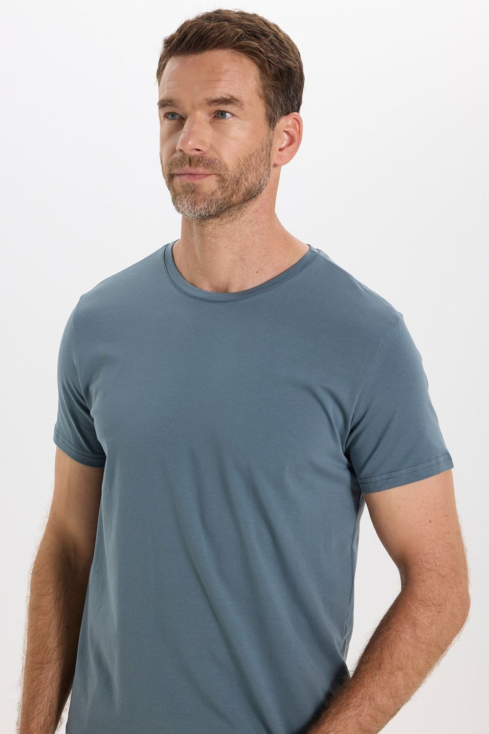 Erkek Slim Fit Dar Kesim Pamuklu Yumuşak Doku Esnek Kumaş Basic Açık Petrol Bisiklet Yaka Tişört