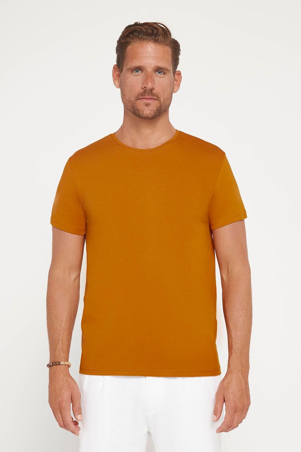 Erkek Slim Fit Dar Kesim Pamuklu Yumuşak Dokulu Esnek Kumaş Düz Basic Turkuaz Bisiklet Yaka Tişört