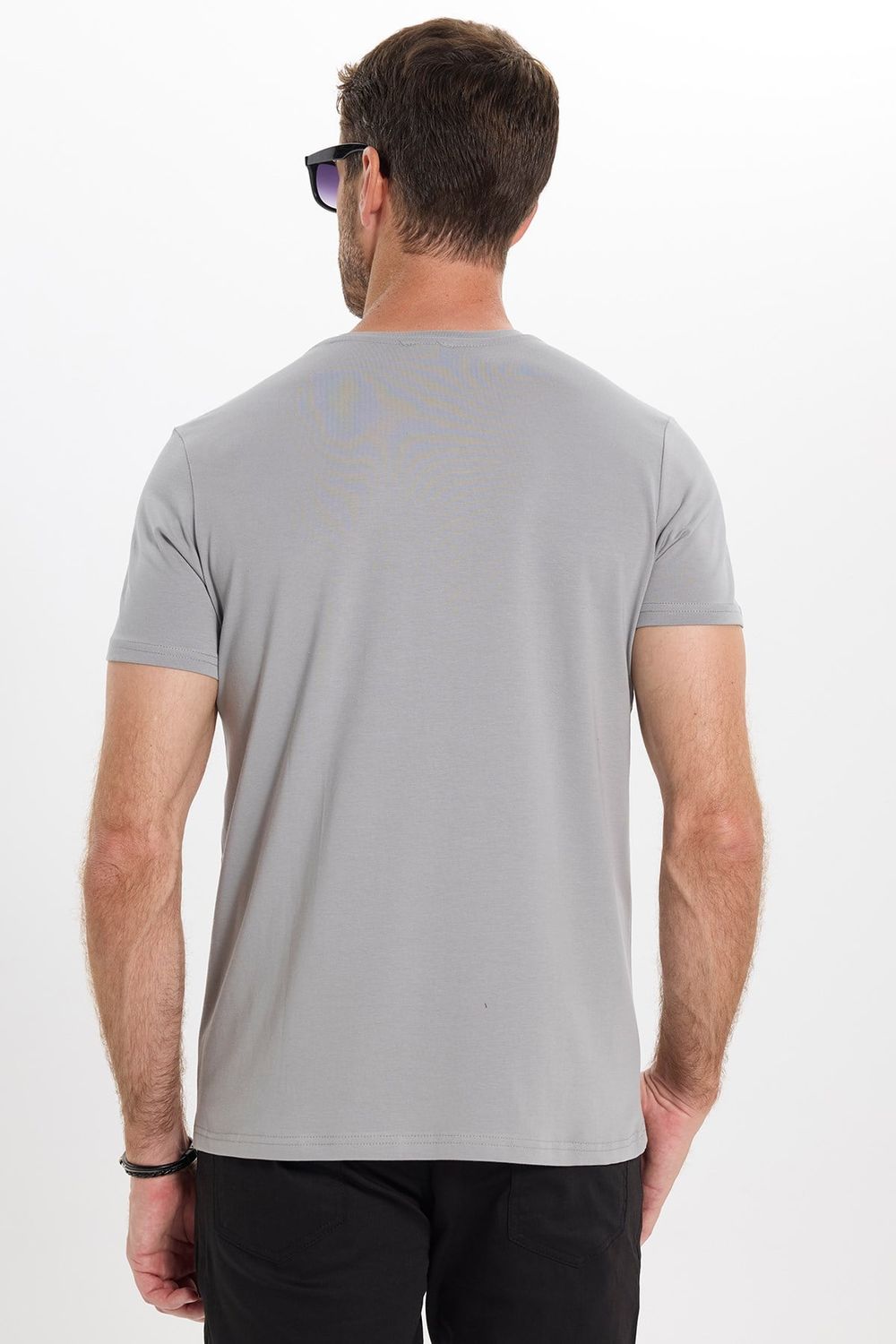 Erkek Slim Fit Dar Kesim Pamuklu Yumuşak Doku Esnek Kumaş Basic Gri Bisiklet Yaka Tişört