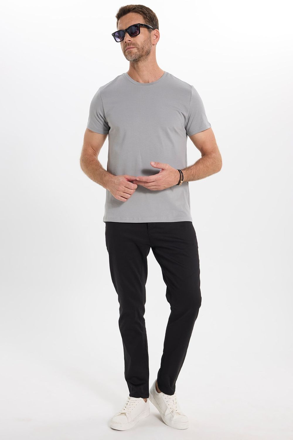 Erkek Slim Fit Dar Kesim Pamuklu Yumuşak Doku Esnek Kumaş Basic Gri Bisiklet Yaka Tişört
