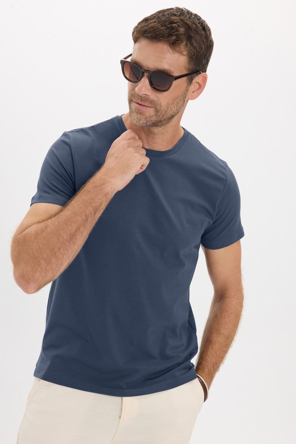 Erkek Slim Fit Dar Kesim Pamuklu Yumuşak Doku Esnek Kumaş Basic İndigo Bisiklet Yaka Tişört