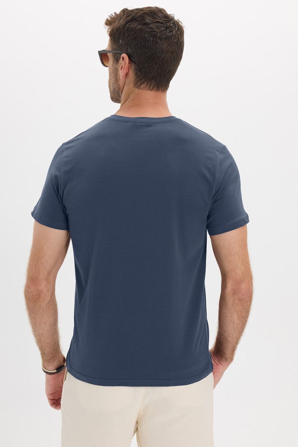 Erkek Slim Fit Dar Kesim Pamuklu Yumuşak Doku Esnek Kumaş Basic İndigo Bisiklet Yaka Tişört