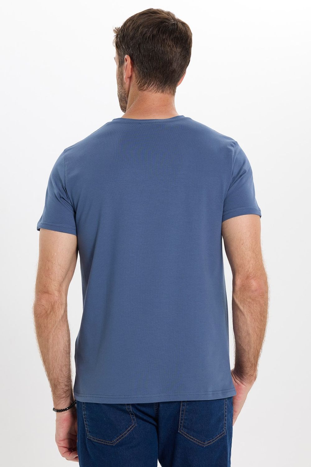 Erkek Slim Fit Dar Kesim Pamuklu Yumuşak Doku Esnek Kumaş Basic İndigo Bisiklet Yaka Tişört