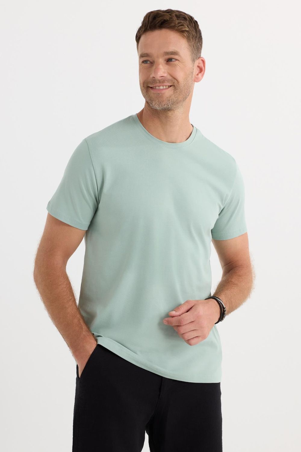Erkek Slim Fit Dar Kesim Pamuklu Yumuşak Doku Likralı Esnek Kumaş Yeşil Bisiklet Yaka Tişört