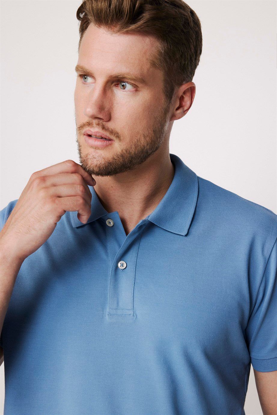 Erkek Polo Yaka Slim Fit Düz Pamuk Pike Mavi Tişört