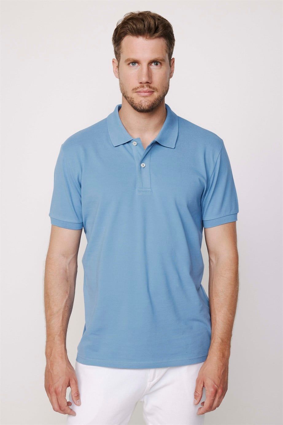 Erkek Polo Yaka Slim Fit Düz Pamuk Pike Mavi Tişört