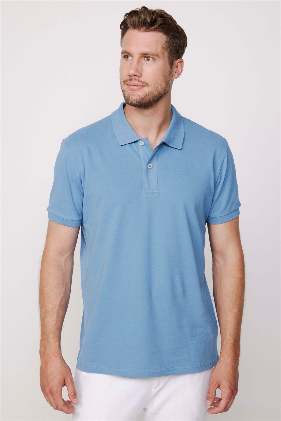 Erkek Polo Yaka Slim Fit Düz Pamuk Pike Mavi Tişört