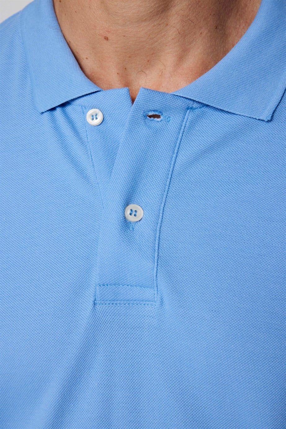 Erkek Polo Yaka Slim Fit Düz Pamuk Pike Mavi Tişört