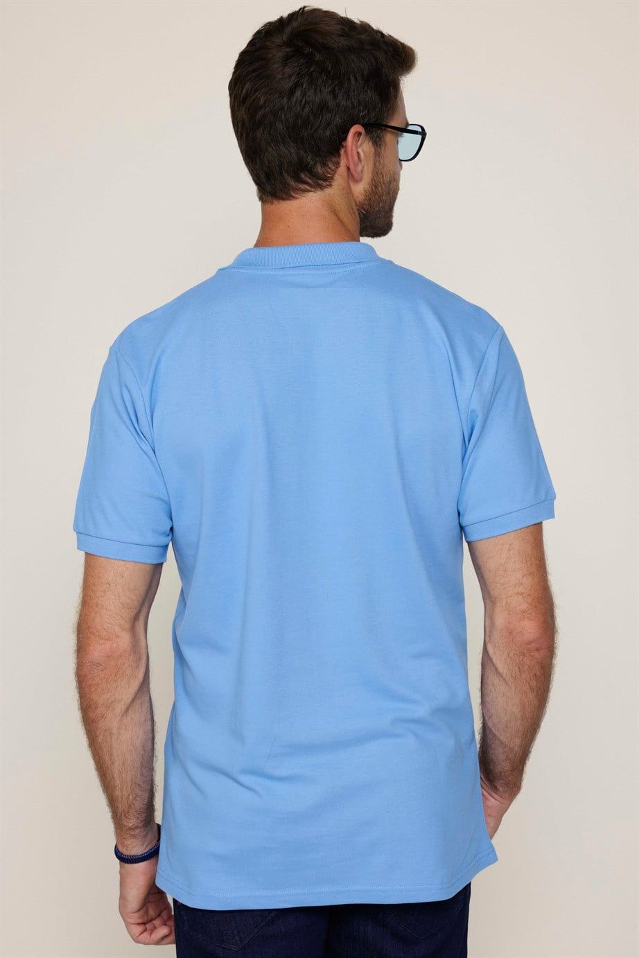 Erkek Polo Yaka Slim Fit Düz Pamuk Pike Mavi Tişört