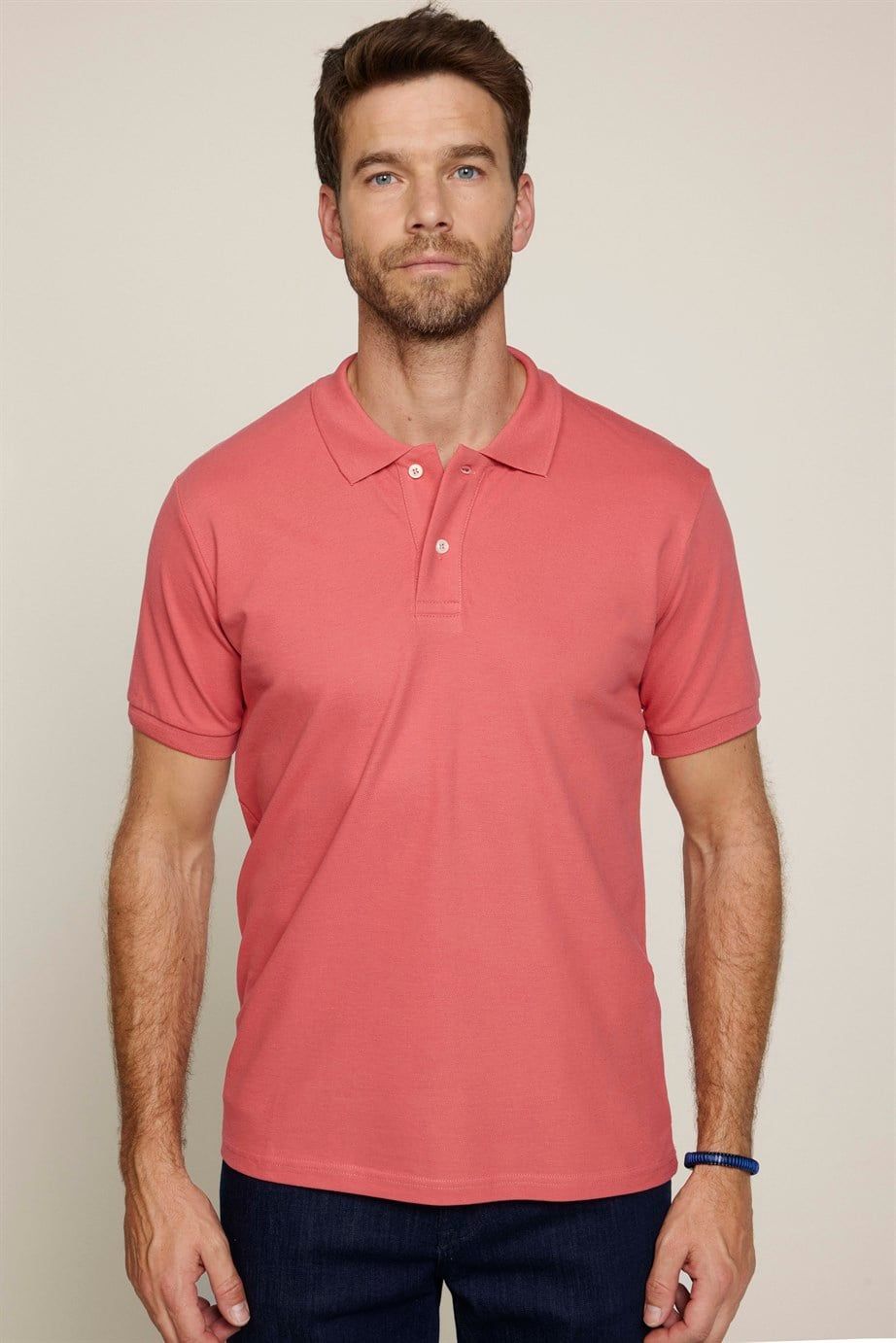 Erkek Polo Yaka Slim Fit Düz Pamuk Pike Pembe Tişört