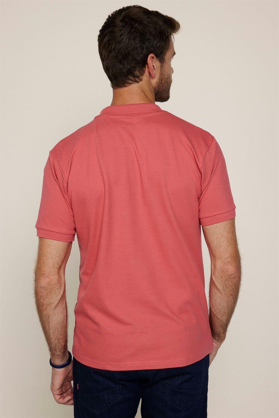 Erkek Polo Yaka Slim Fit Düz Pamuk Pike Pembe Tişört
