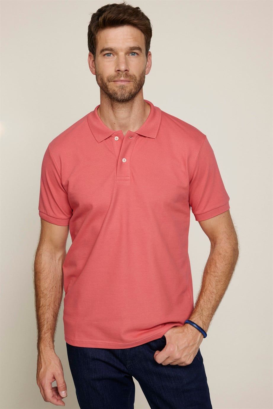 Erkek Polo Yaka Slim Fit Düz Pamuk Pike Pembe Tişört