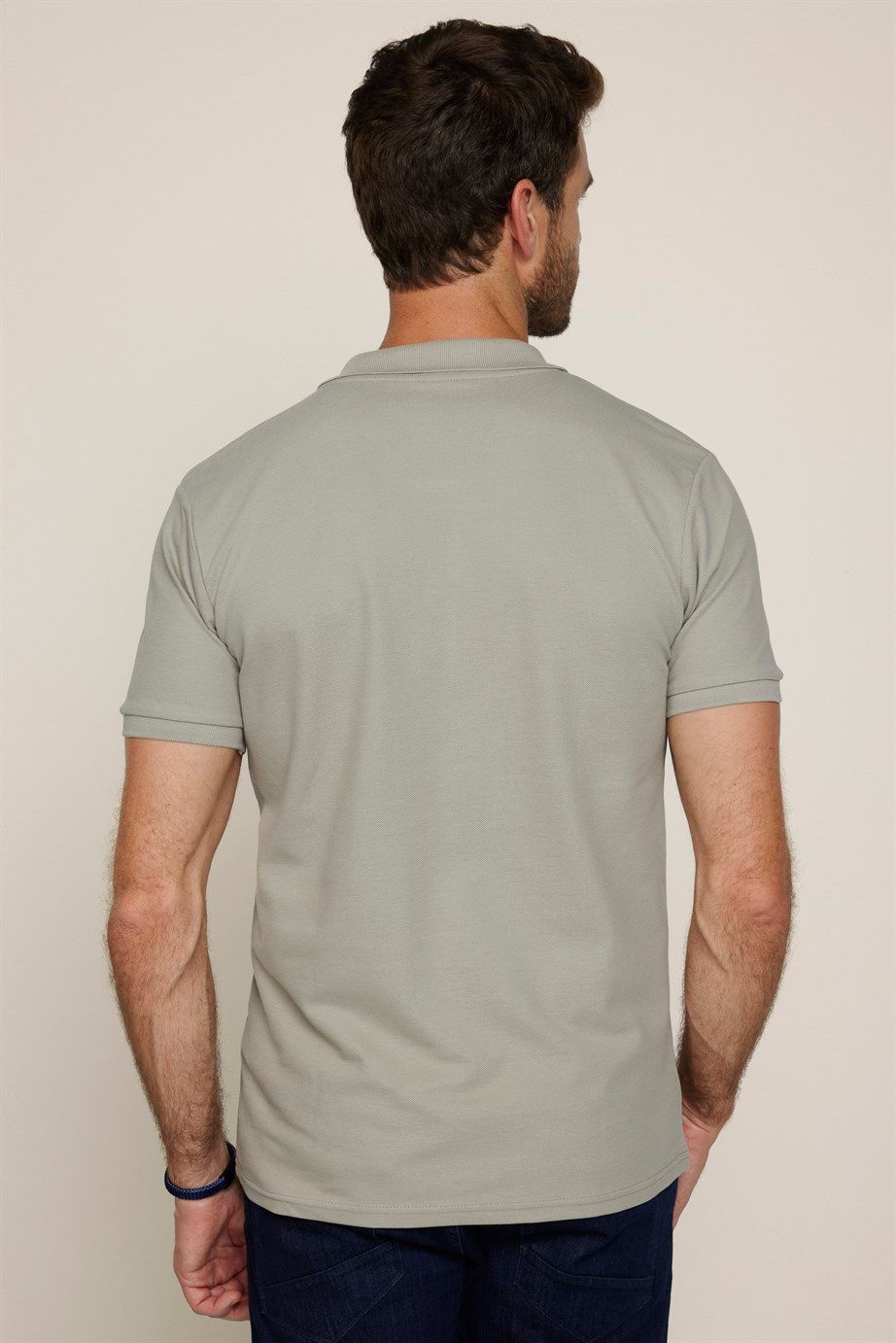 Erkek Polo Yaka Slim Fit Düz Pamuk Pike Bej Tişört