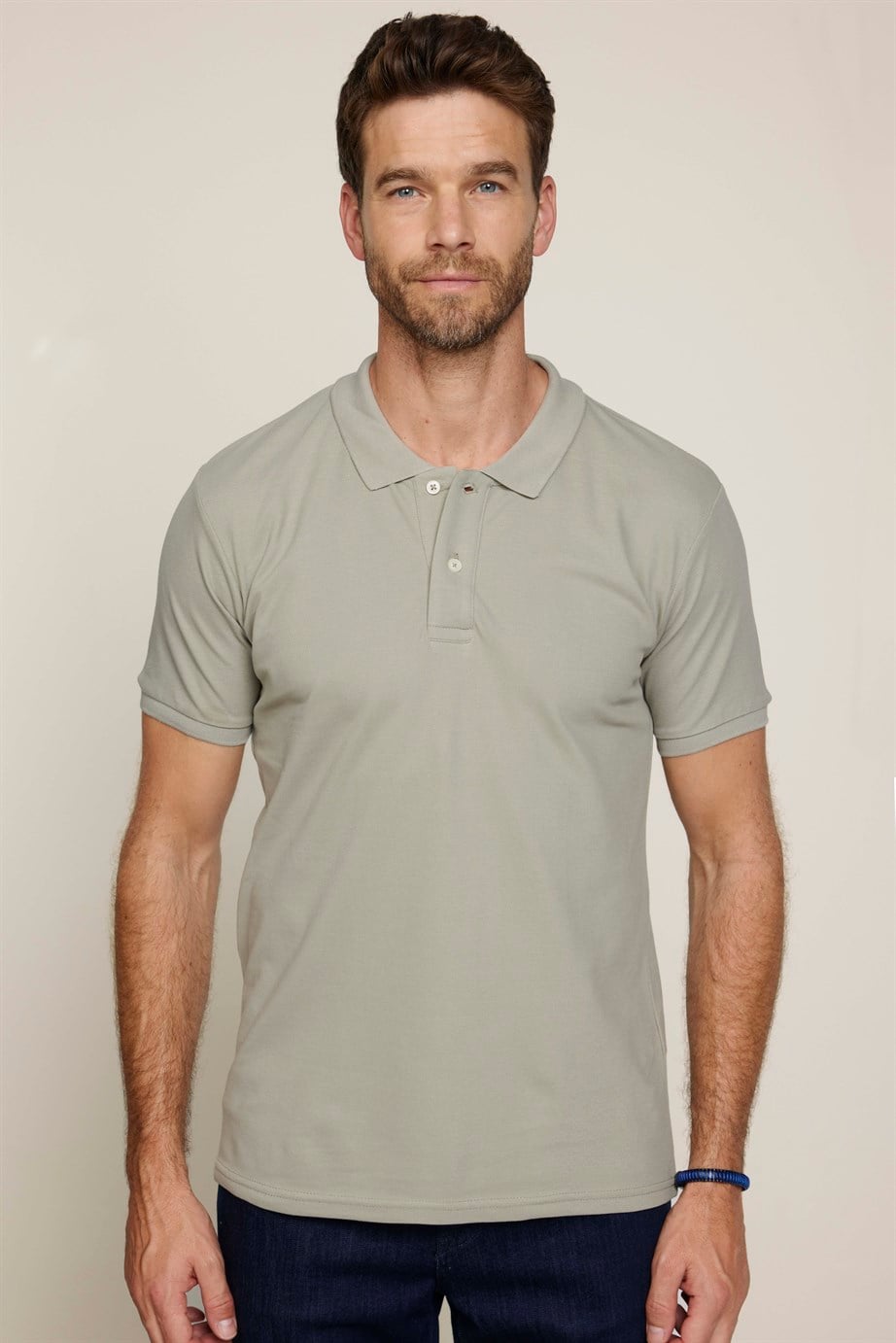 Erkek Polo Yaka Slim Fit Düz Pamuk Pike Bej Tişört