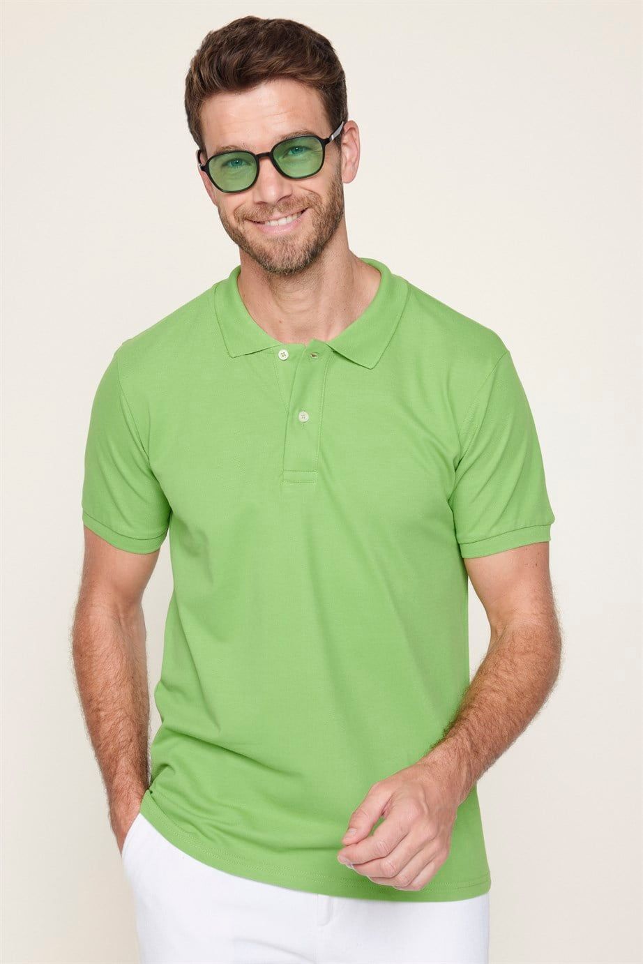 Erkek Polo Yaka Slim Fit Düz Pamuk Pike Yeşil Tişört