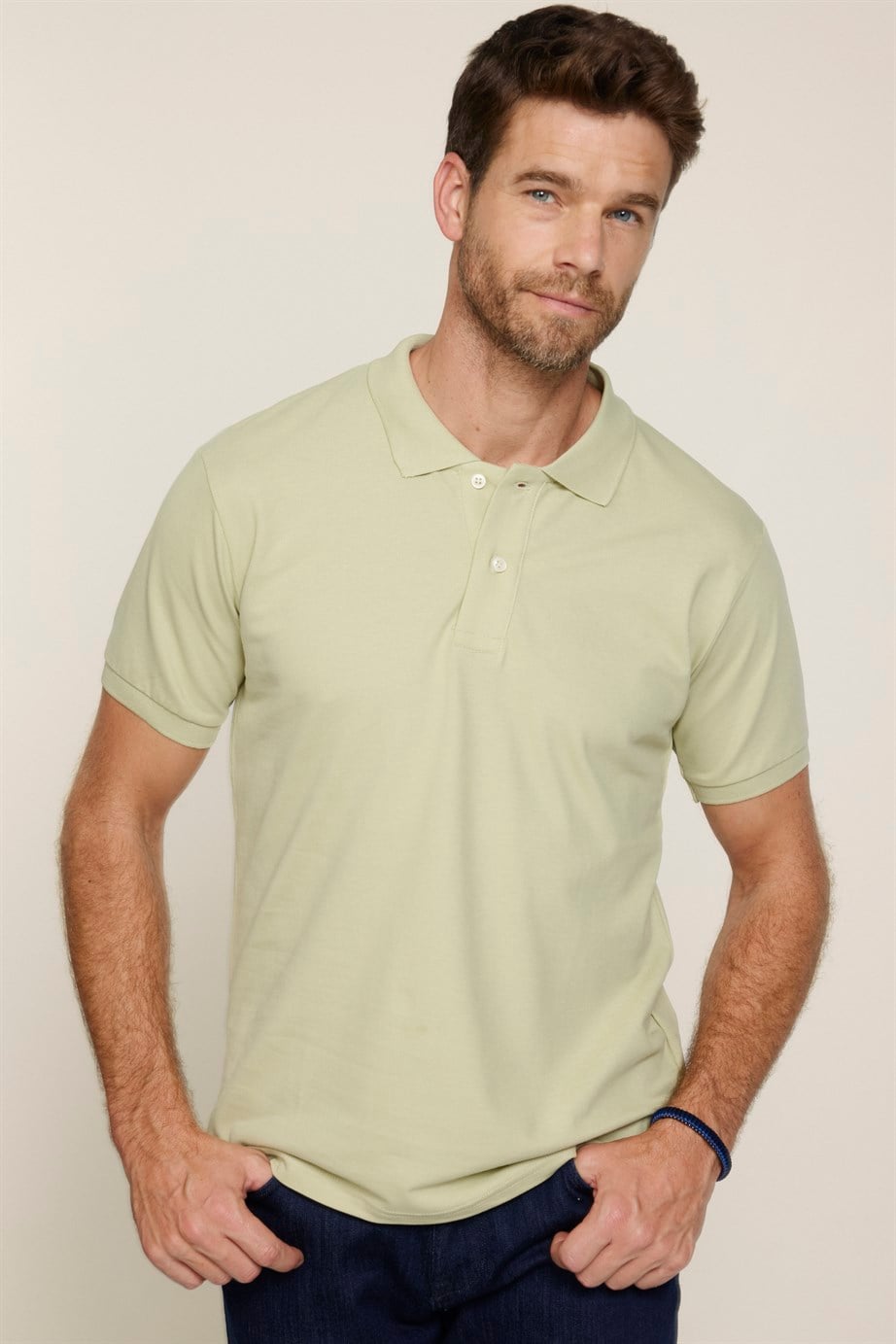 Erkek Polo Yaka Slim Fit Düz Pamuk Pike Yeşil Tişört