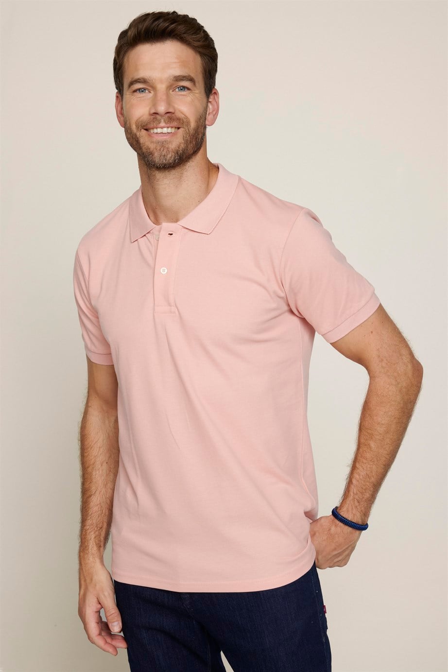 Erkek Polo Yaka Slim Fit Düz Pamuk Pike Pembe Tişört