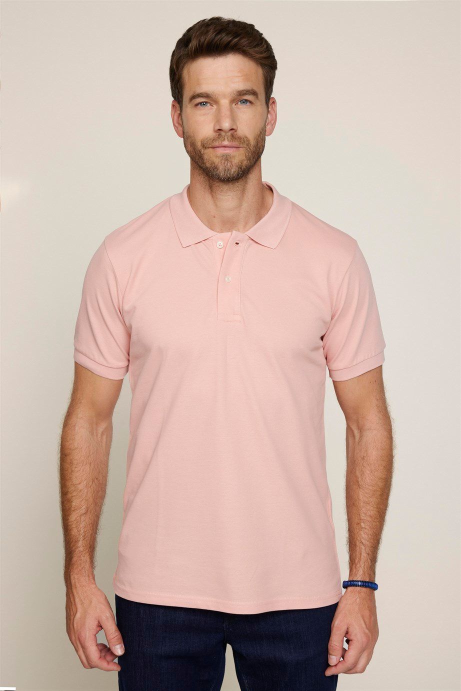 Erkek Polo Yaka Slim Fit Düz Pamuk Pike Pembe Tişört