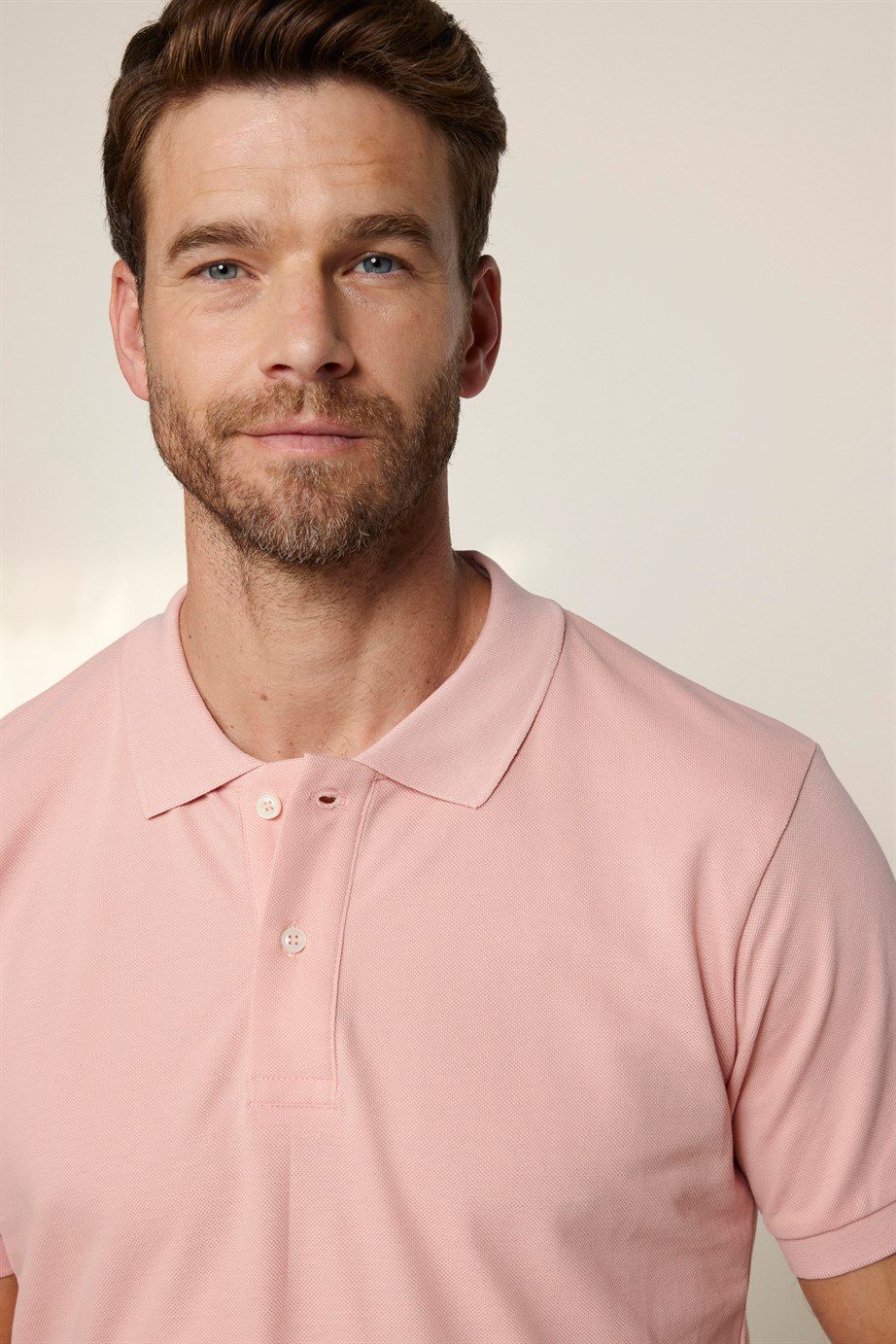 Erkek Polo Yaka Slim Fit Düz Pamuk Pike Pembe Tişört