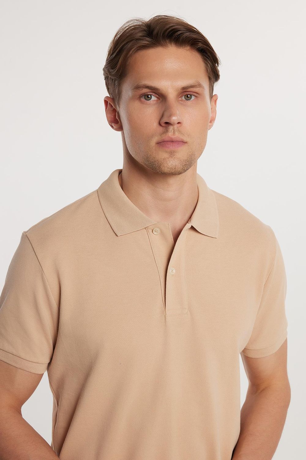 Erkek Slim Fit Dar Kesim %100 Pamuk Düz Pike Taş Renk Polo Yaka Tişört