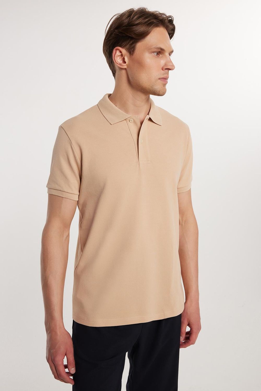 Erkek Slim Fit Dar Kesim %100 Pamuk Düz Pike Taş Renk Polo Yaka Tişört