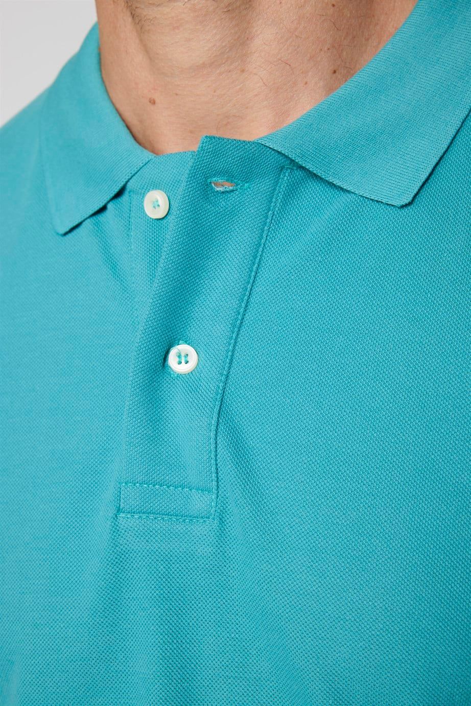 Erkek Polo Yaka Slim Fit Düz Pamuk Pike Turkuaz Tişört