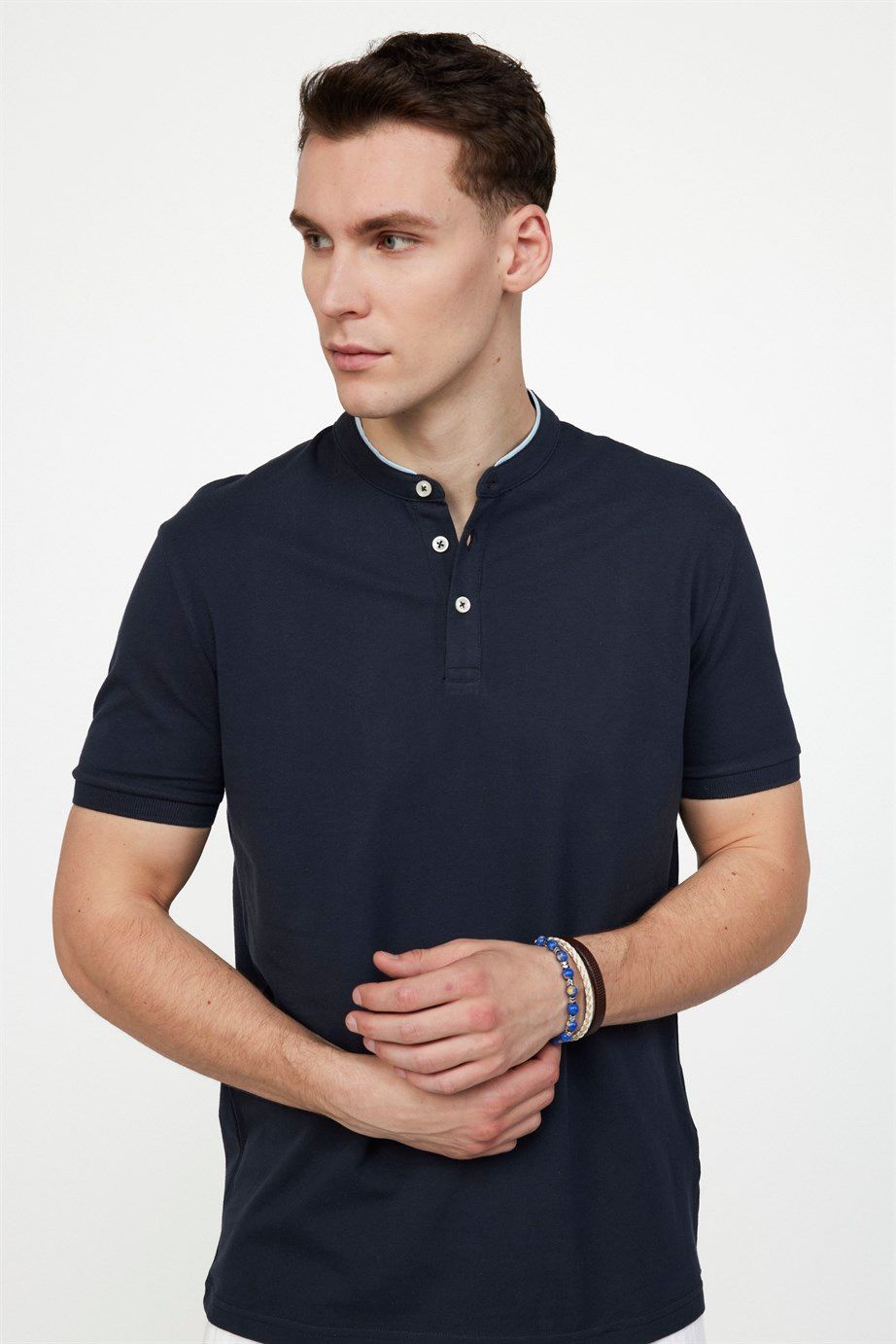 Erkek Slim Fit Hakim Yaka Pike Pamuk Tişört