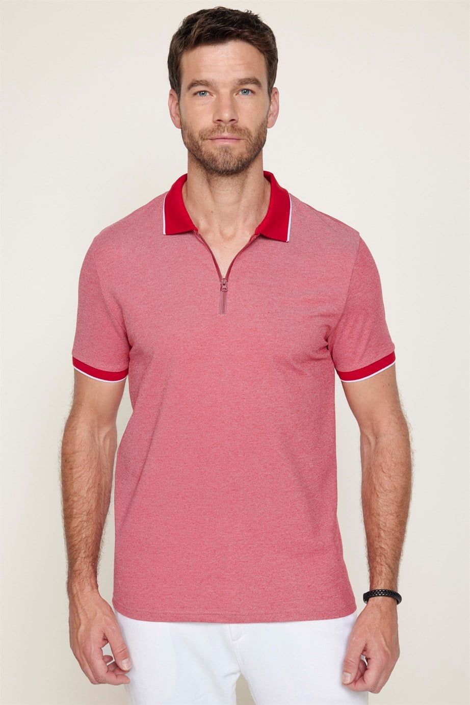 Erkek Slim Fit Fermuarlı Polo Yaka Pike Pamuklu Tişört
