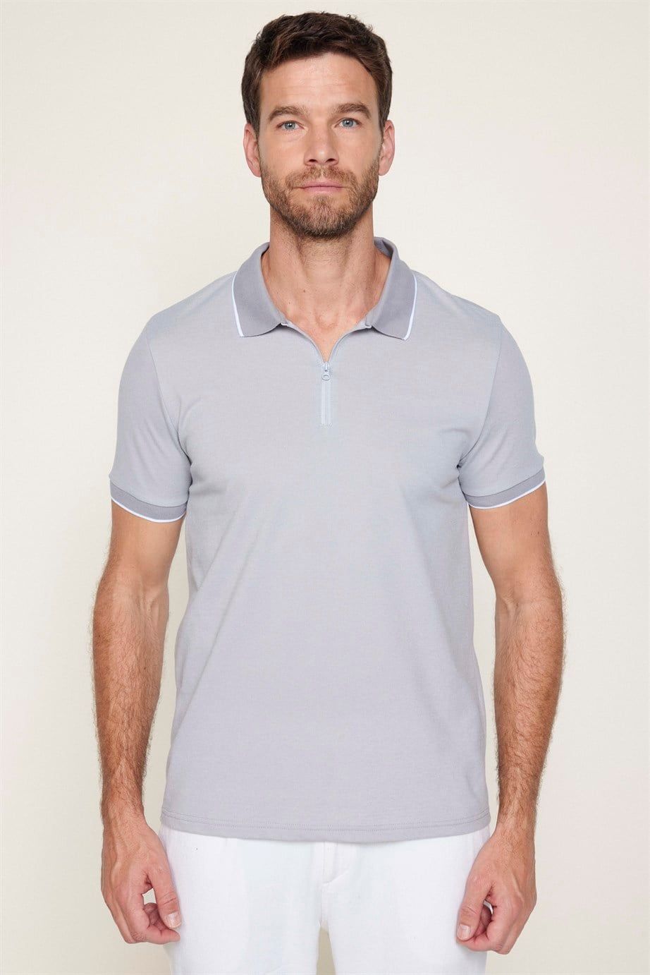 Erkek Slim Fit Fermuarlı Polo Yaka Pike Pamuklu Tişört