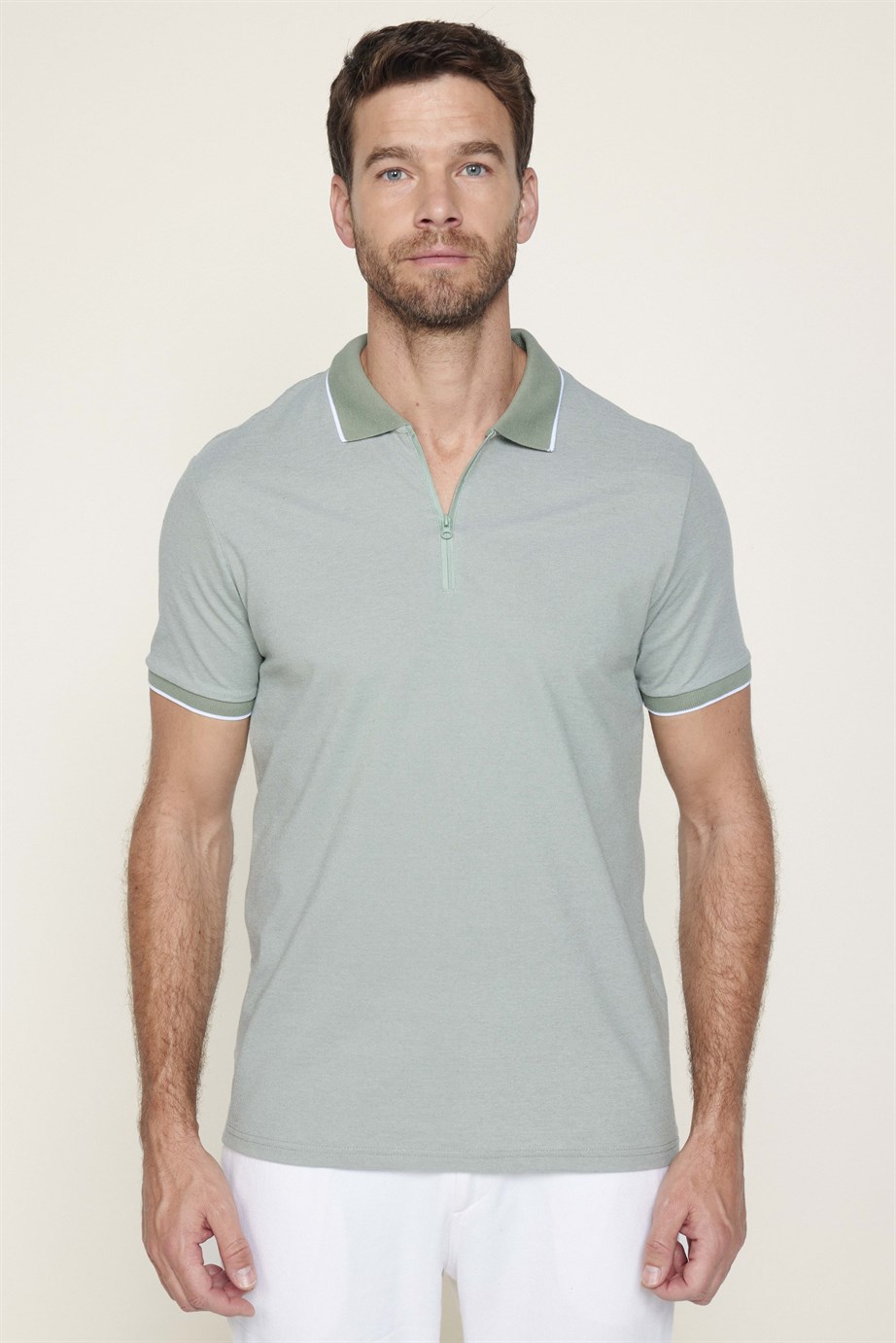 Erkek Slim Fit Fermuarlı Polo Yaka Pike Pamuklu Tişört