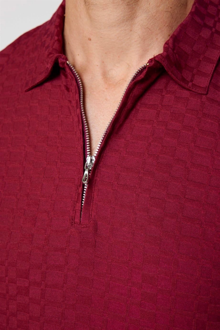 Erkek Fermuarlı Polo Yaka Slim Fit Pamuklu Bordo Tişört