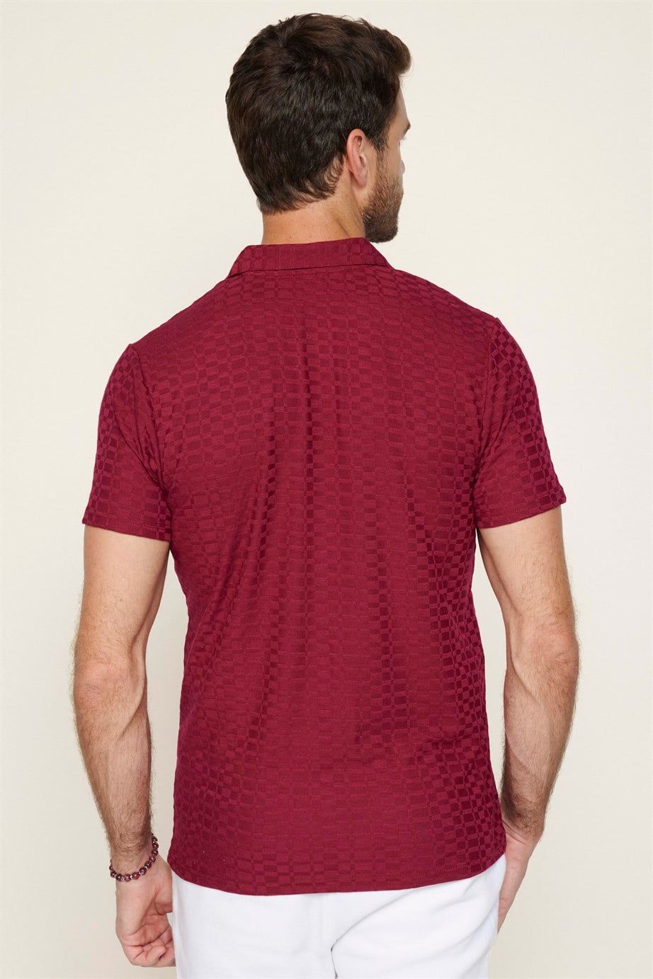 Erkek Fermuarlı Polo Yaka Slim Fit Pamuklu Bordo Tişört
