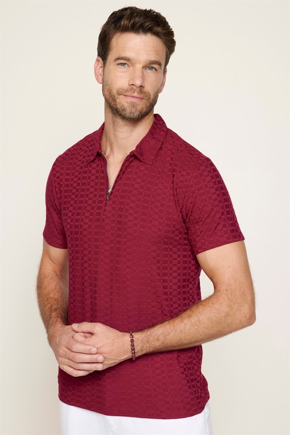 Erkek Fermuarlı Polo Yaka Slim Fit Pamuklu Bordo Tişört