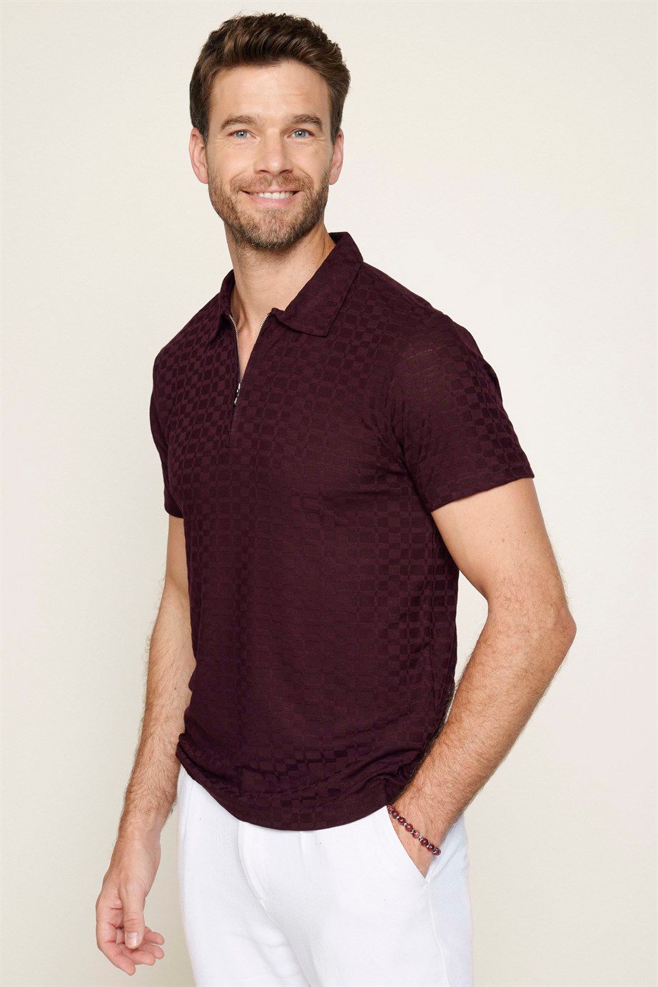 Erkek Fermuarlı Polo Yaka Slim Fit Pamuklu Mürdüm Tişört
