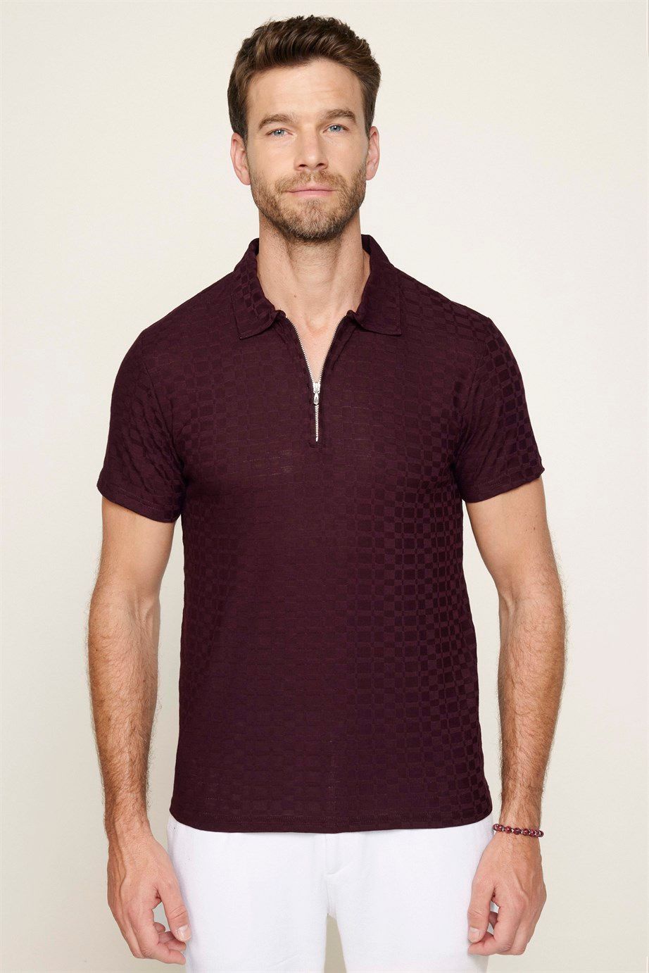 Erkek Fermuarlı Polo Yaka Slim Fit Pamuklu Mürdüm Tişört