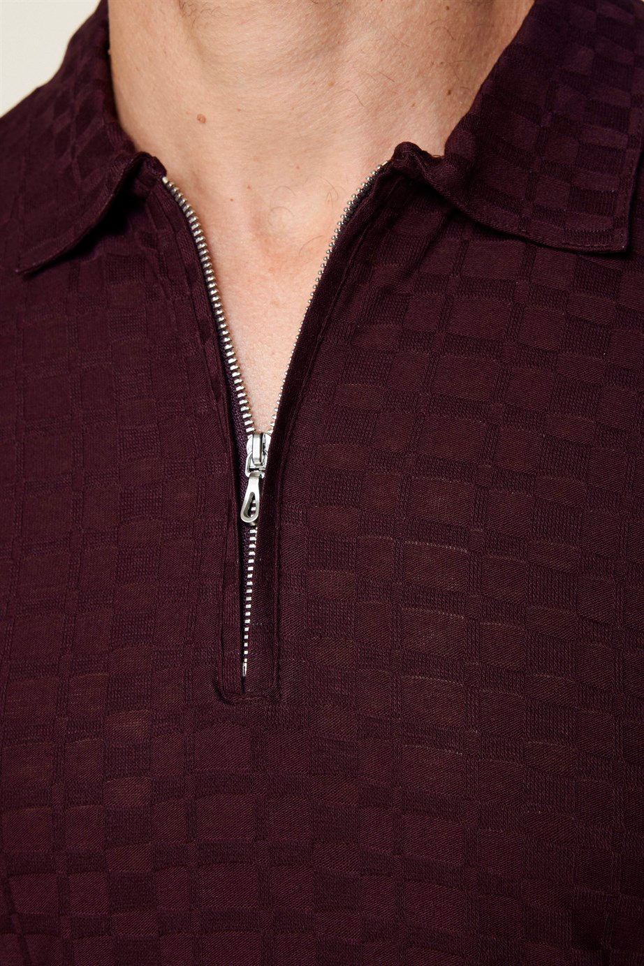 Erkek Fermuarlı Polo Yaka Slim Fit Pamuklu Mürdüm Tişört