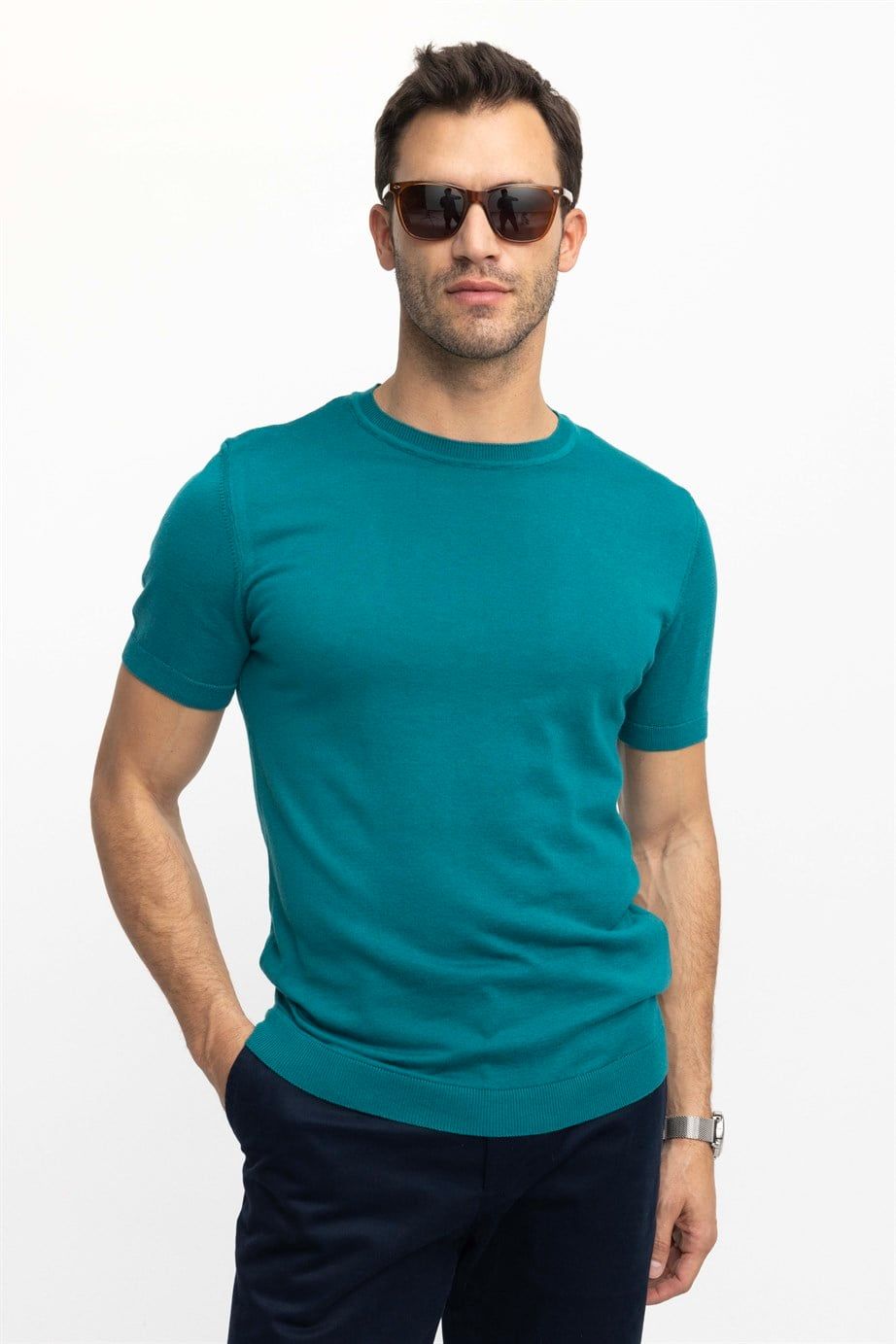 Erkek Bisiklet Yaka Slim Fit Pamuklu Örme Triko Tişört