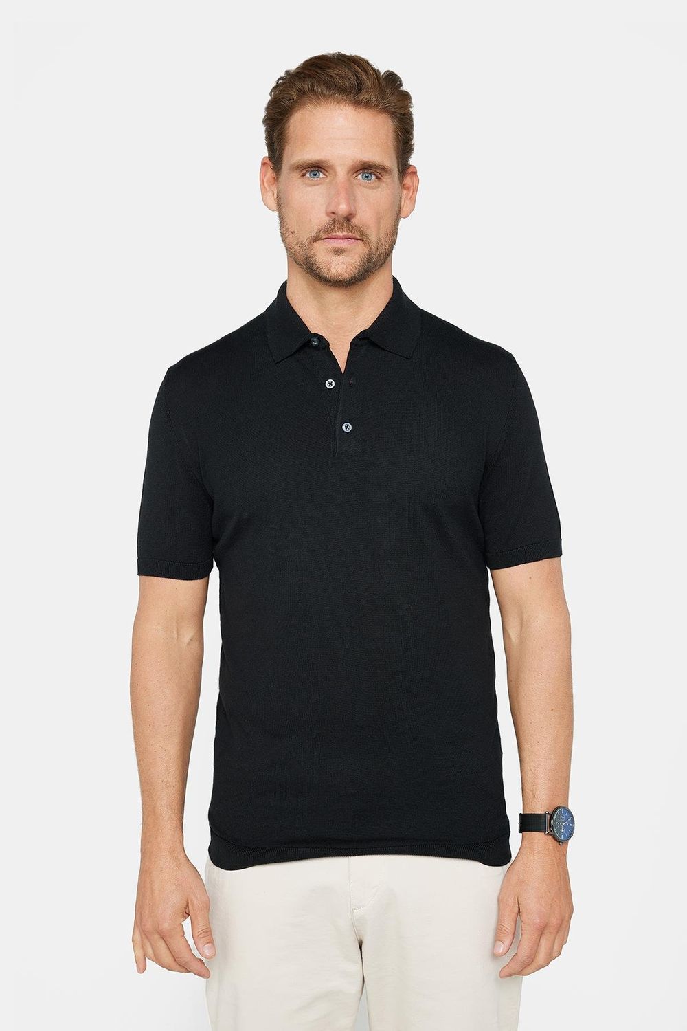 Erkek Slim Fit Dar Kesim Pamuklu Örme Triko Siyah Polo Yaka Tişört