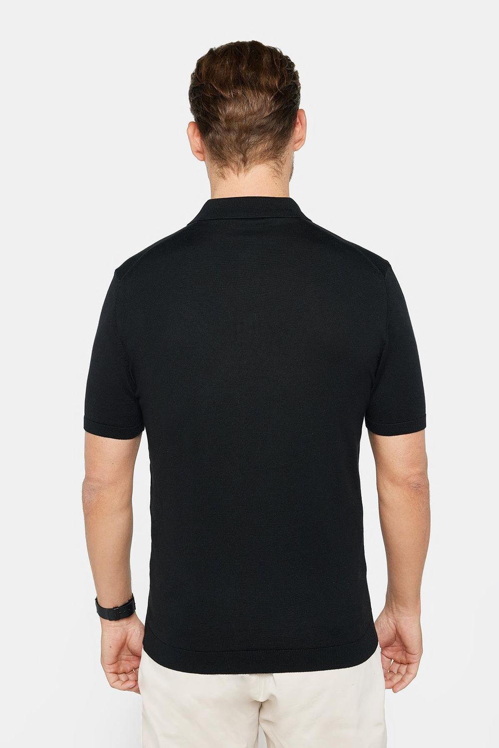 Erkek Slim Fit Dar Kesim Pamuklu Örme Triko Siyah Polo Yaka Tişört